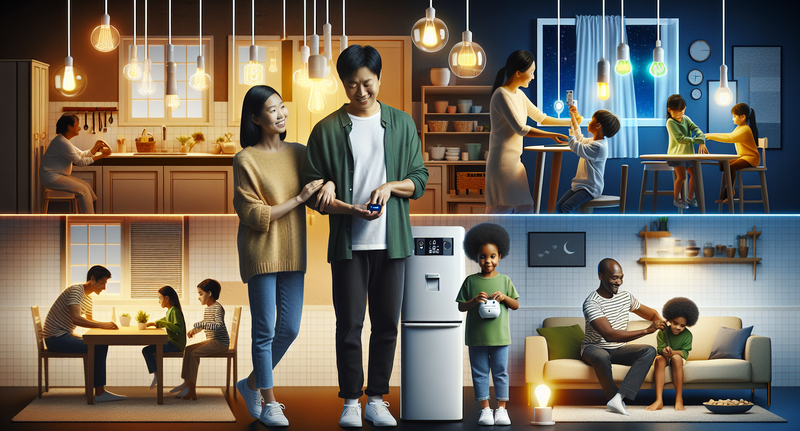 Imagen de una familia apagando luces y electrodomésticos en casa para reducir el consumo de energía.