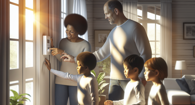Imagen de una familia ajustando el termostato en su hogar