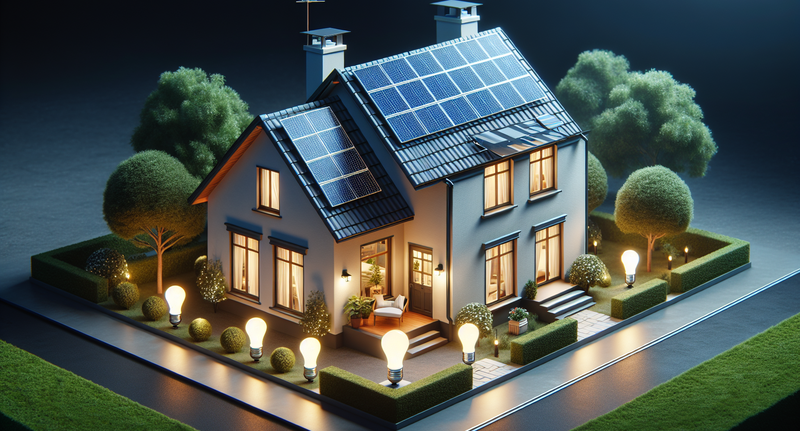 Imagen de una casa con paneles solares en el techo y bombillas de bajo consumo, representando la reducción de energía en el hogar