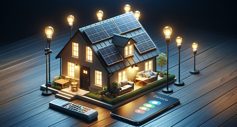 Imagen de una casa con luces apagadas y paneles solares en el techo, representando la reducción del consumo de energía en el hogar.