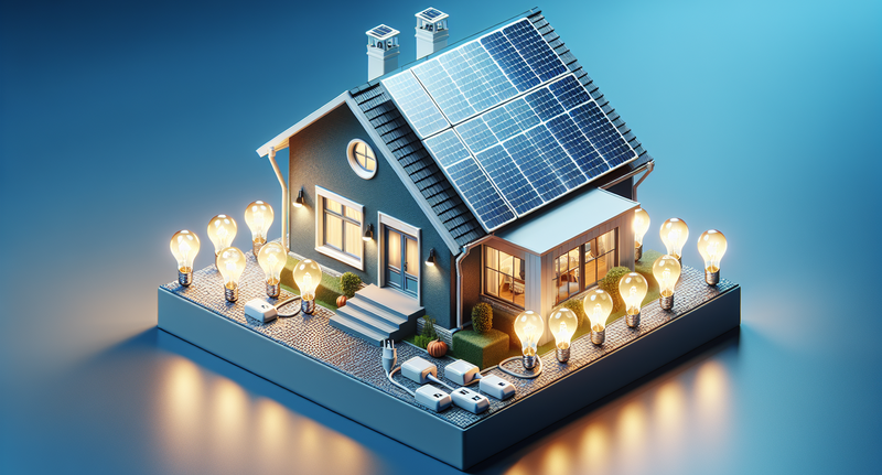 Imagen de una casa con bombillas apagadas y paneles solares en el techo, representando la idea de reducir el consumo de energía en el hogar.