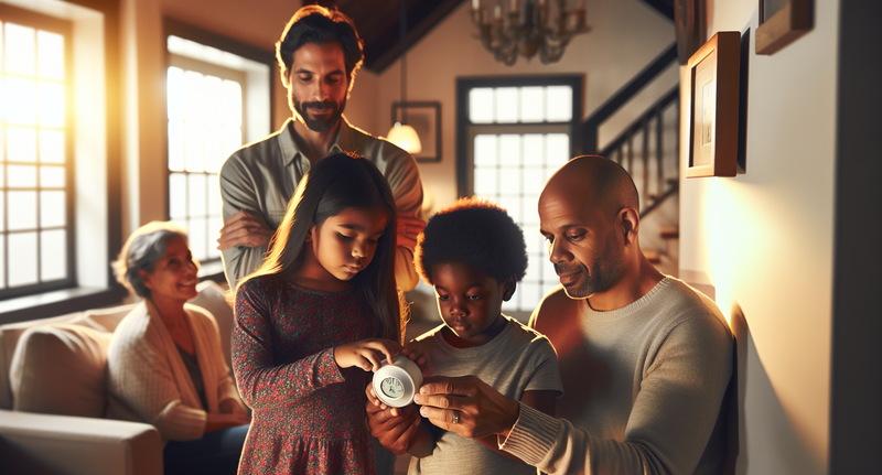 Imagen ilustrativa de una familia en casa ajustando el termostato para reducir el consumo de energía y ahorrar en los costos de electricidad.