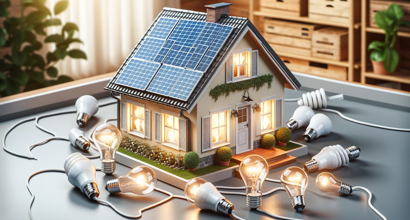 Imagen mostrando una casa con bombillas apagadas y paneles solares en el techo, ilustrando la idea de reducir el consumo de energía en el hogar.