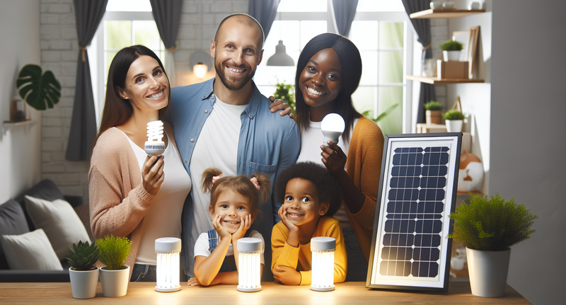 Imagen de una familia en casa con bombillas LED y paneles solares, simbolizando la reducción del consumo de energía en el hogar.