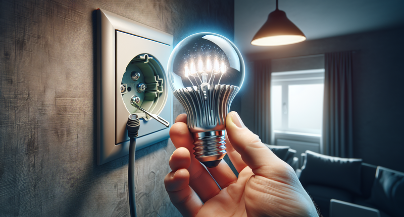 Imagen de una mano reemplazando una bombilla halógena por una bombilla LED en un portalámparas en un hogar.
