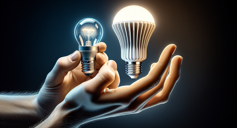 Imagen de una mano sosteniendo una bombilla LED próxima a una lámpara con luces halógenas, simbolizando la transición a la iluminación LED en el hogar.
