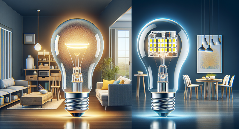 'Comparación visual de bombillas halógenas y LED para ilustrar cómo reemplazarlas en casa'