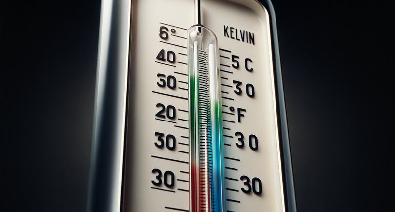 Imagen de un termómetro con las escalas Celsius, Fahrenheit y Kelvin, representando la conversión entre las tres unidades de temperatura.