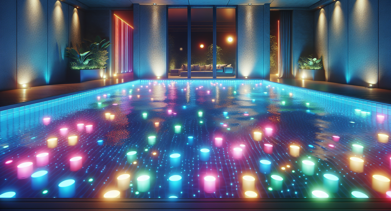 Piscina iluminada con luces LED multicolores, añadiendo un ambiente de tranquilidad y diversión al agua.