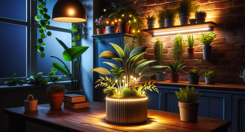Imagen de plantas en macetas iluminadas por luces LED en un espacio interior.