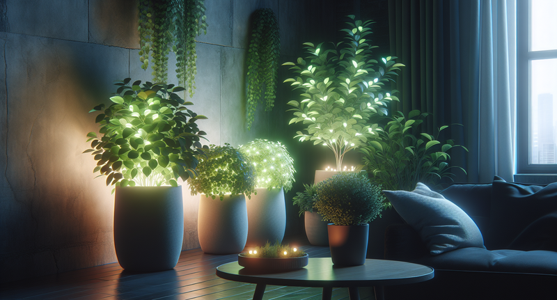 Imagen de plantas en macetas iluminadas con luces LED en un ambiente interior.