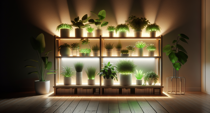 Foto de un estante con varias plantas en macetas iluminadas por luces LED en un ambiente interior.