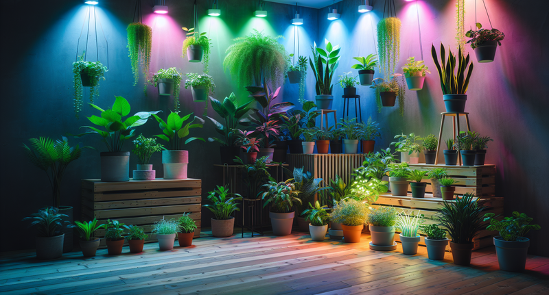 Imagen de una habitación con varias plantas verdes en macetas, iluminadas por luces LED de colores brillantes, resaltando el cultivo interior de plantas