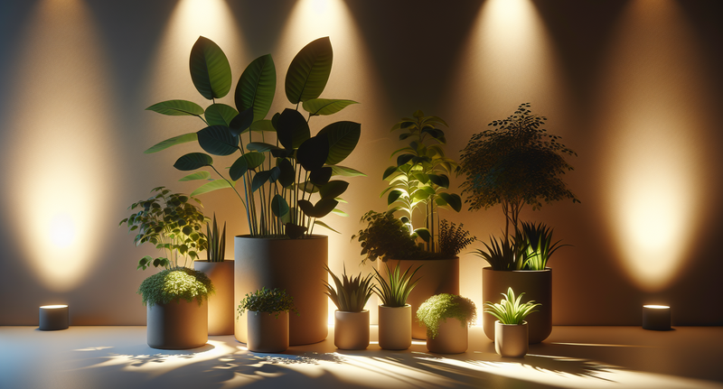 Imagen de plantas en macetas iluminadas con luces LED en un ambiente interior.