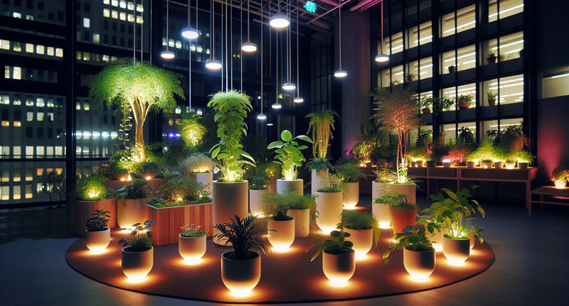 Imagen de plantas en macetas iluminadas por luces LED en un ambiente interior.