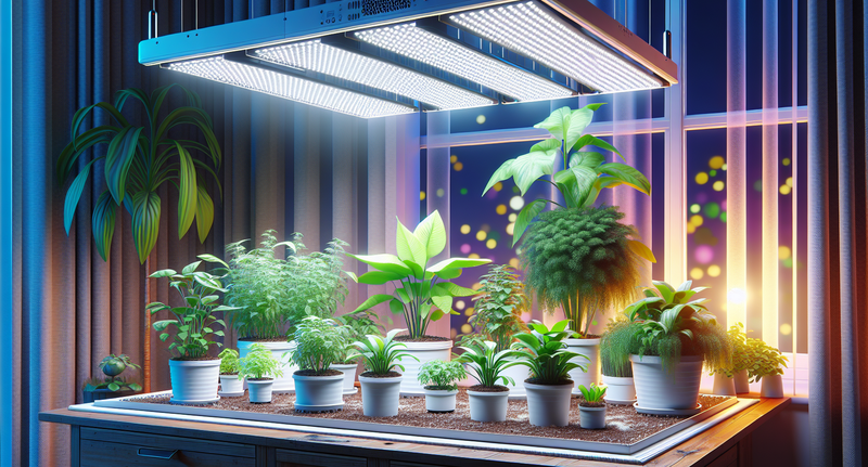 Ilustración de plantas de interior colocadas bajo luces LED para su óptimo crecimiento y desarrollo.