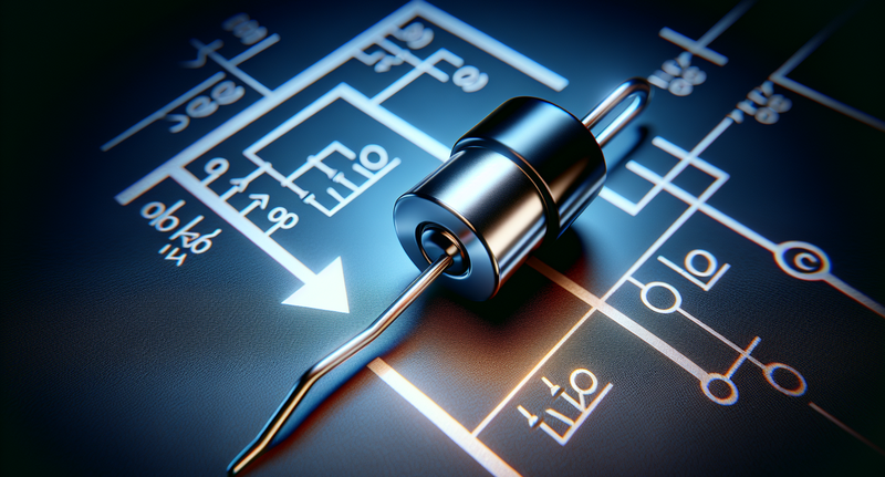 Imagen ilustrativa de un diodo electrónico con flecha indicando el flujo de corriente y gráficos esquemáticos de su funcionamiento básico.