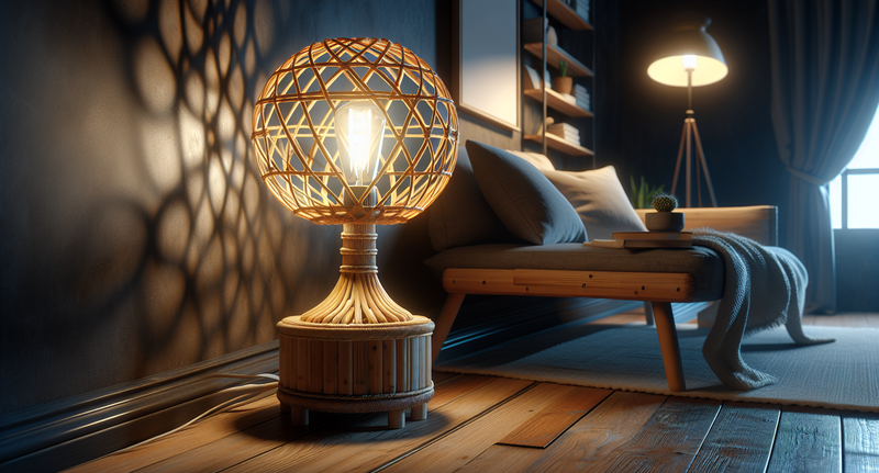 Imagen de una lámpara artesanal hecha a mano con materiales reciclados y diseño único, iluminando un ambiente hogareño y acogedor.