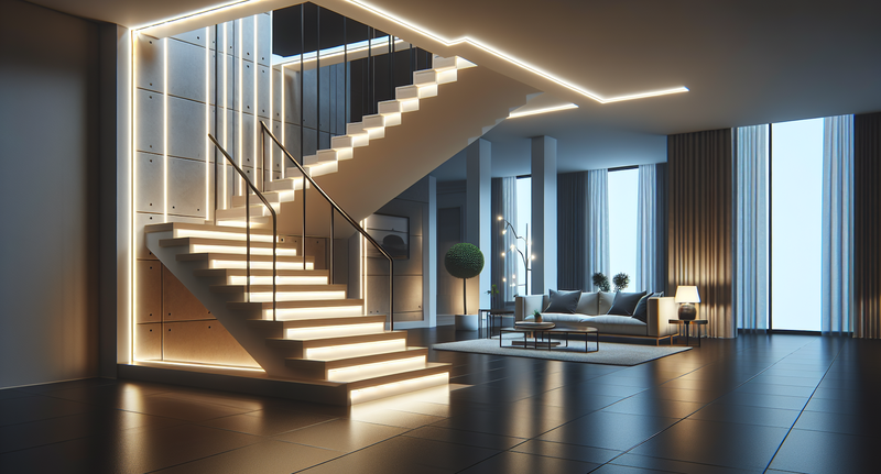 Escalera iluminada con luces LED que resaltan el diseño moderno y elegante de un hogar
