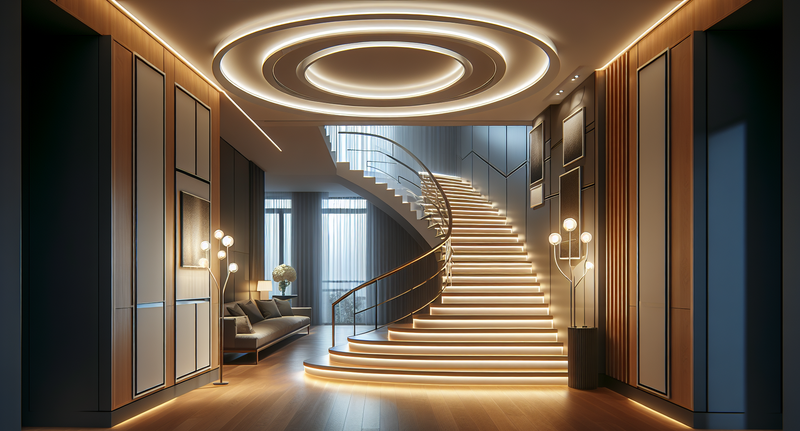 Escalera iluminada de forma moderna y elegante en un hogar, destacando la innovación en el diseño de iluminación.