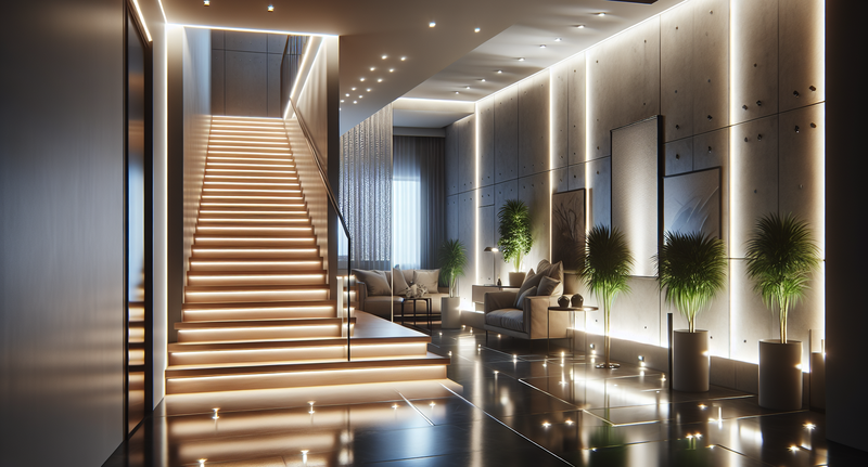 Imagen de una escalera iluminada de forma moderna con luces LED en un hogar contemporáneo.