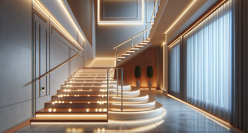Imagen de una escalera iluminada de forma moderna y elegante en un hogar, resaltando la instalación de luces LED en los escalones y pasamanos para crear un ambiente acogedor y seguro.