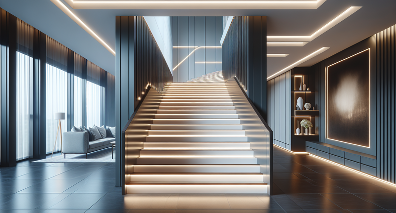 Imagen de una escalera con luces LED resaltando los escalones, en una decoración moderna y elegante.