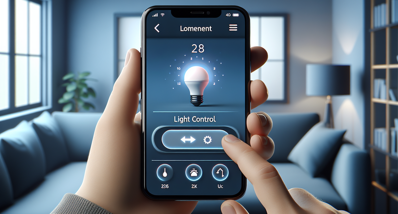 Imagen de teléfono inteligente con la app de Philips Hue abierta en la pantalla, mostrando el control de luces en una habitación.
