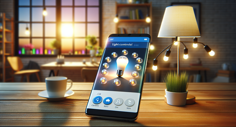 Imagen de teléfono móvil mostrando la aplicación Philips Hue en un escenario luminoso y colorido controlando las luces de un hogar a través de la aplicación en Android.