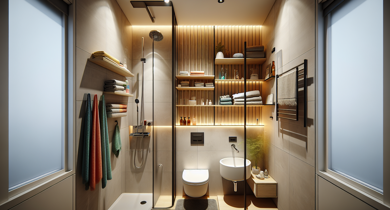 Baño pequeño con iluminación estratégica y decoración funcional para maximizar el espacio.