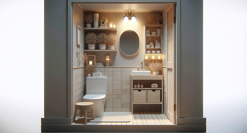 Baño pequeño renovado con iluminación estratégica y decoración funcional para maximizar espacio y estilo.