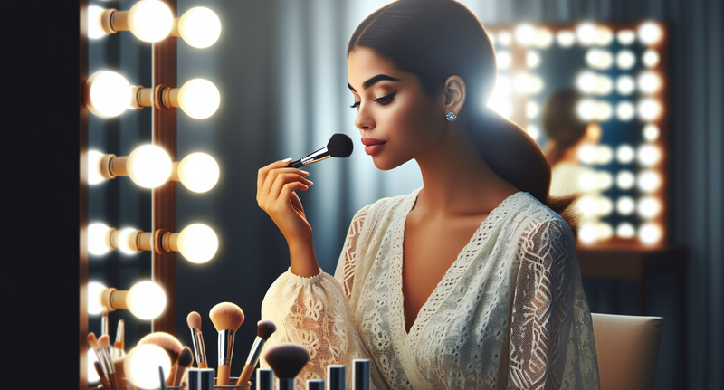 Imagen de una mujer sentada frente a un tocador con luces brillantes y espejo