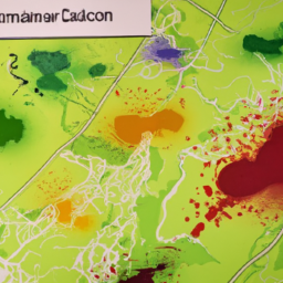 Imagen ilustrativa de un mapa detallado mostrando diferentes fuentes de contaminación y sus impactos en el medio ambiente.