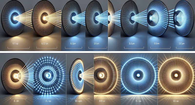 Comparación visual del efecto de diferentes ángulos de apertura de LED en la dispersión de la luz