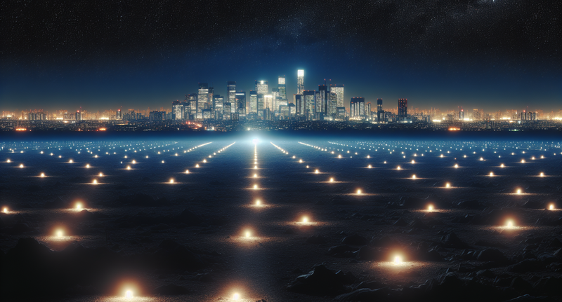 Imagen de un cielo estrellado con una ciudad iluminada en el horizonte, resaltando la contaminación lumínica y la necesidad de tomar medidas para proteger el ambiente nocturno.