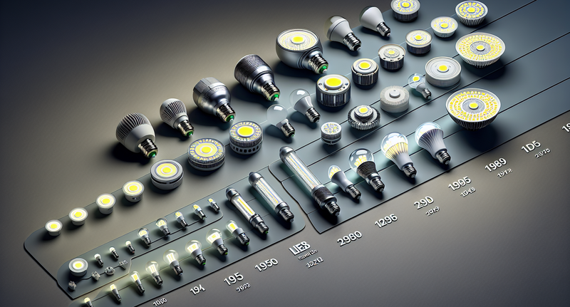 Comparación visual de diferentes generaciones de tecnología LED a lo largo del tiempo.