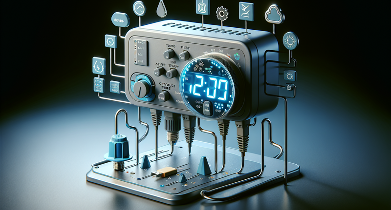 Imagen de un temporizador eléctrico programado para encender y apagar dispositivos automáticamente, controlando el tiempo de funcionamiento de manera eficiente.