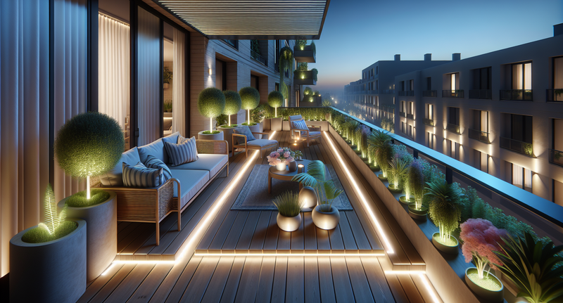 Terraza iluminada con tiras LED creando un ambiente acogedor y moderno