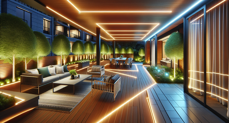 Terraza iluminada con tiras LED resaltando el ambiente y creando una atmósfera acogedora y moderna.