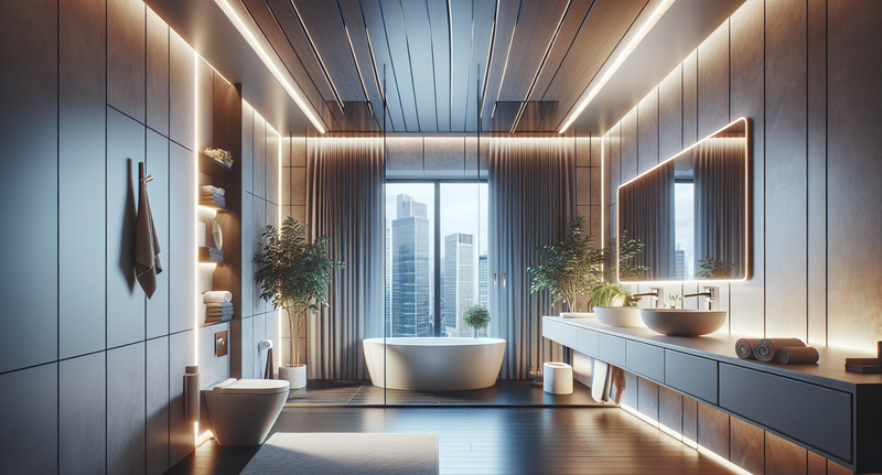 Ilustración de tiras LED instaladas en el techo de un baño con diseño moderno y elegante, proporcionando una iluminación ambiental suave y económica.