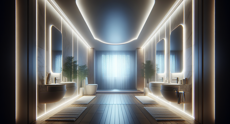 Tiras LED instaladas en el techo de un baño, iluminando la habitación de forma elegante y moderna.