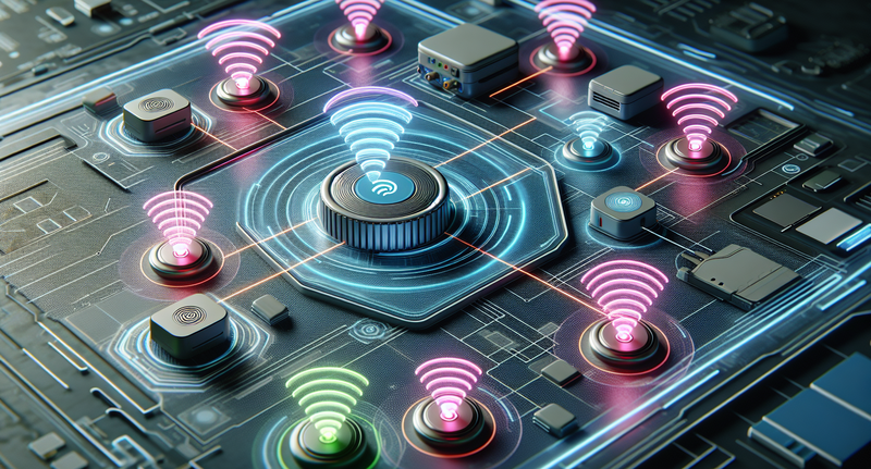 Imagen ilustrativa de dispositivos Zigbee conectados entre sí en una red de área personal, representando la tecnología y uso de Zigbee en redes PAN.